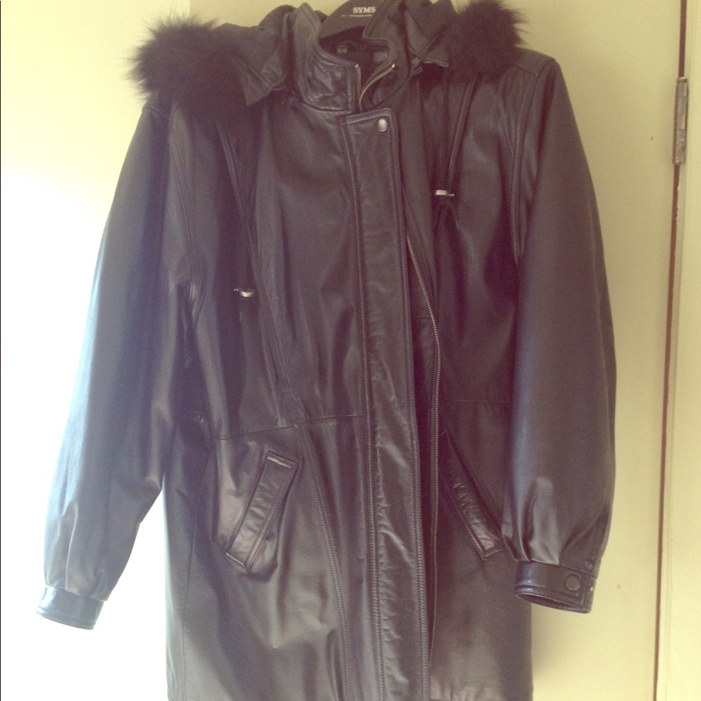 Genuine leather coat with real fox fur hood